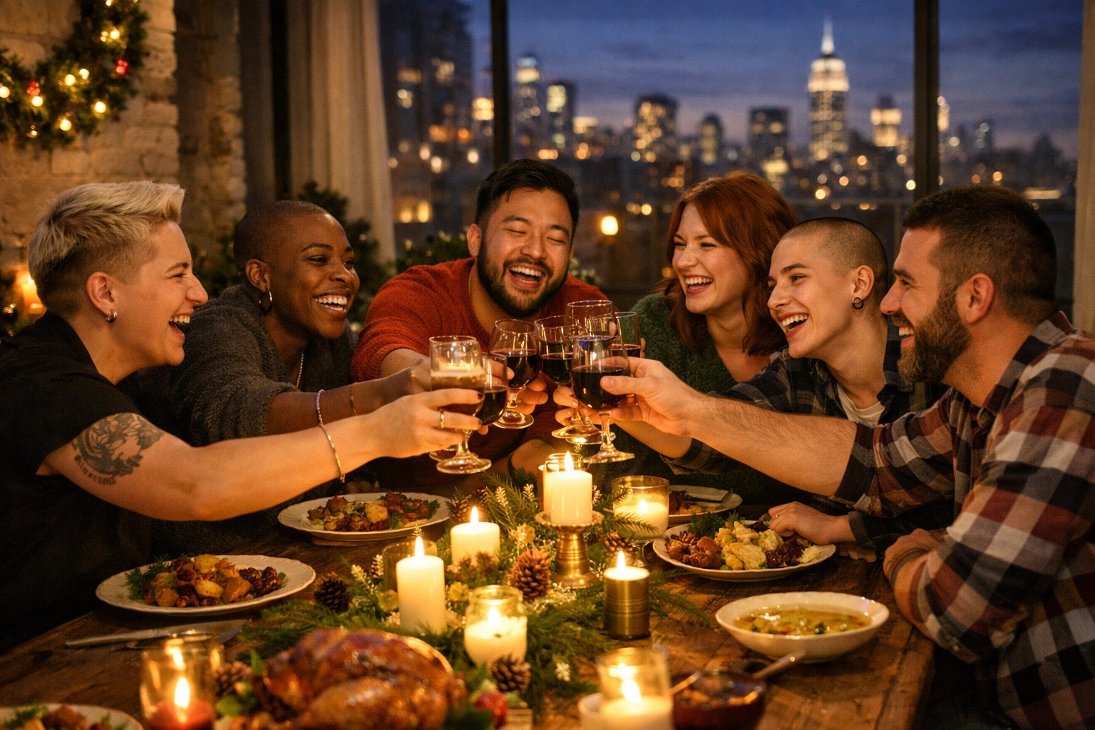 A diverse group of LGBTQ+ friends enjoying a found family holiday dinner in a city apartment.