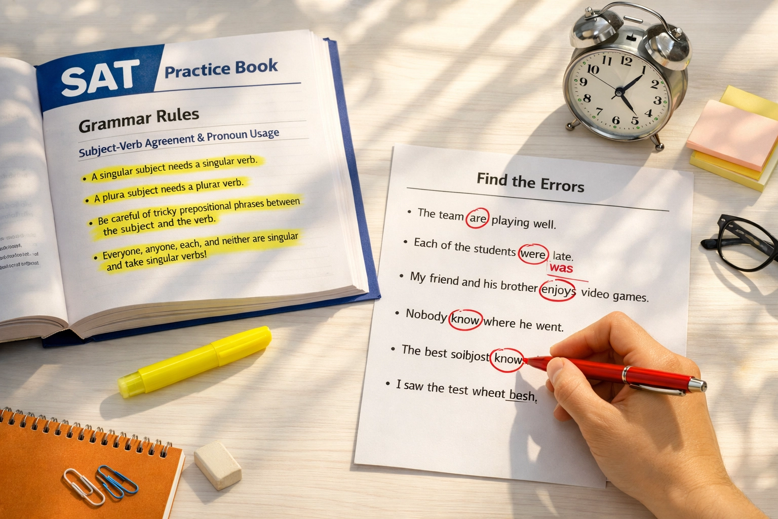 Student studying SAT grammar with highlighted practice book showing subject-verb agreement errors