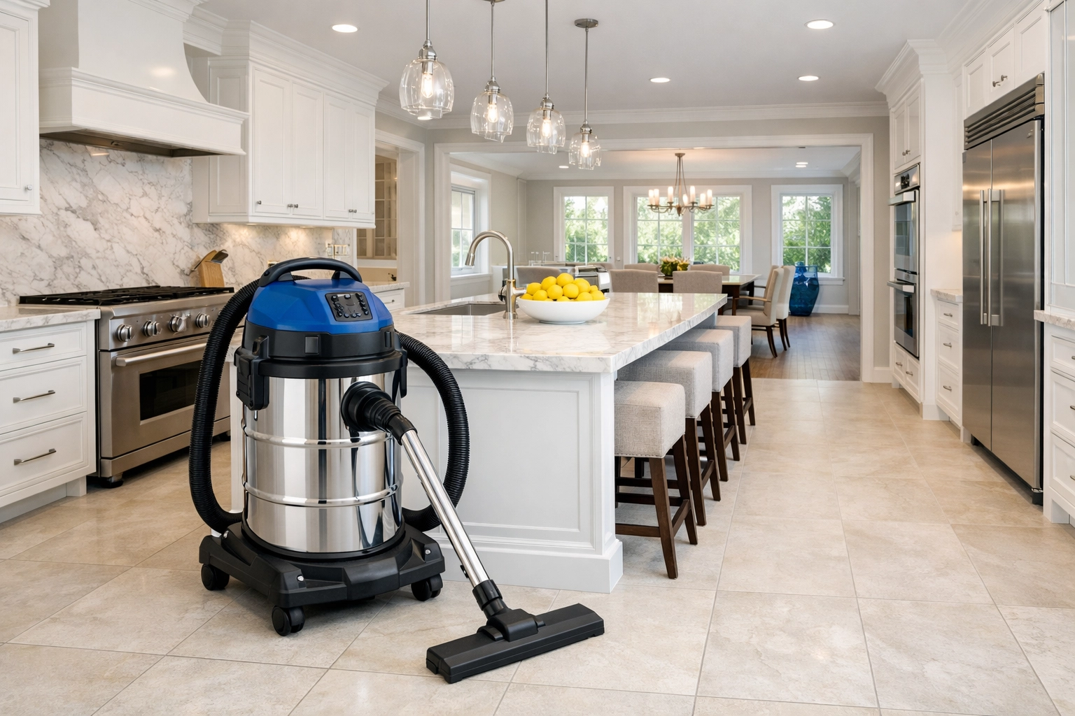 Industrial vacuuming during a deep post construction cleaning service in a modern Littleton kitchen.