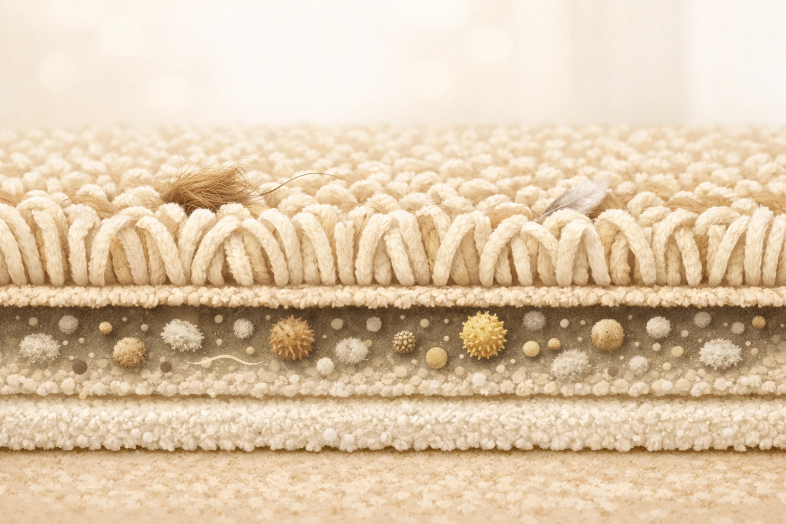 Cross-section of carpet fibers showing trapped dust, allergens, and pet dander deep within layers