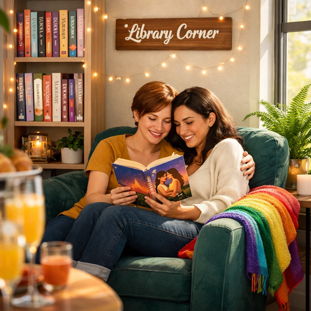 A lesbian couple enjoying queer fiction in a cozy library nook during a holiday brunch gathering.
