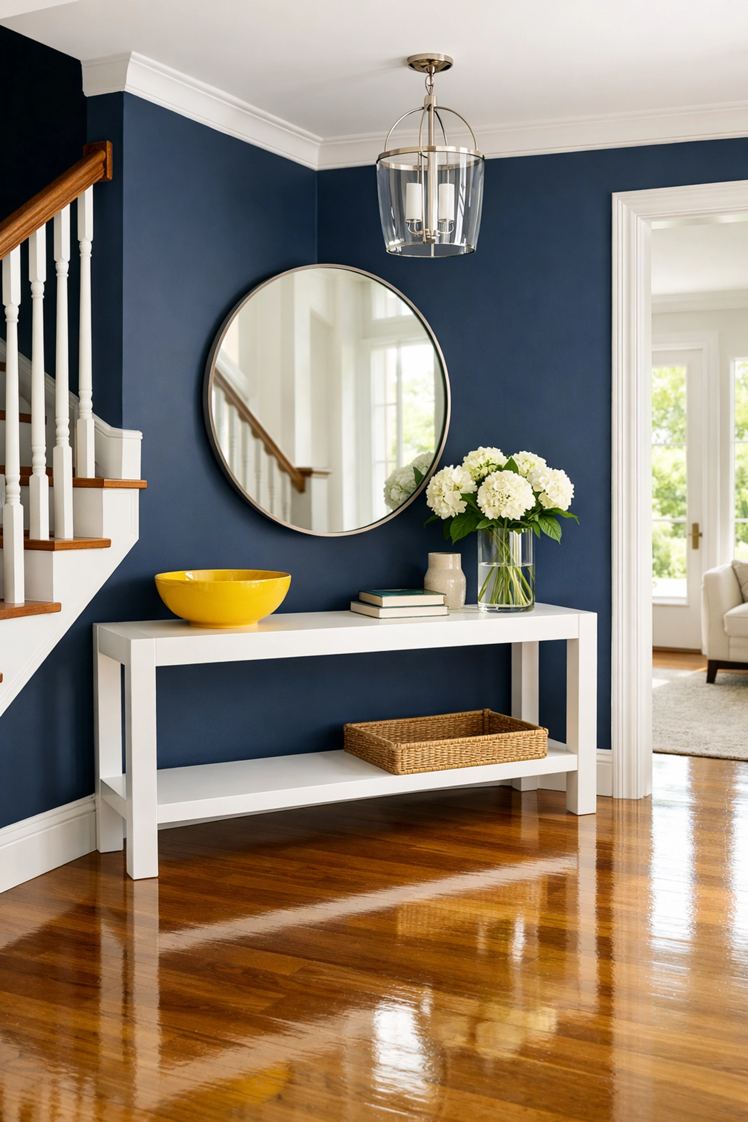 A clean and organized Massachusetts home entryway featuring polished hardwood floors and residential cleaning MA results.