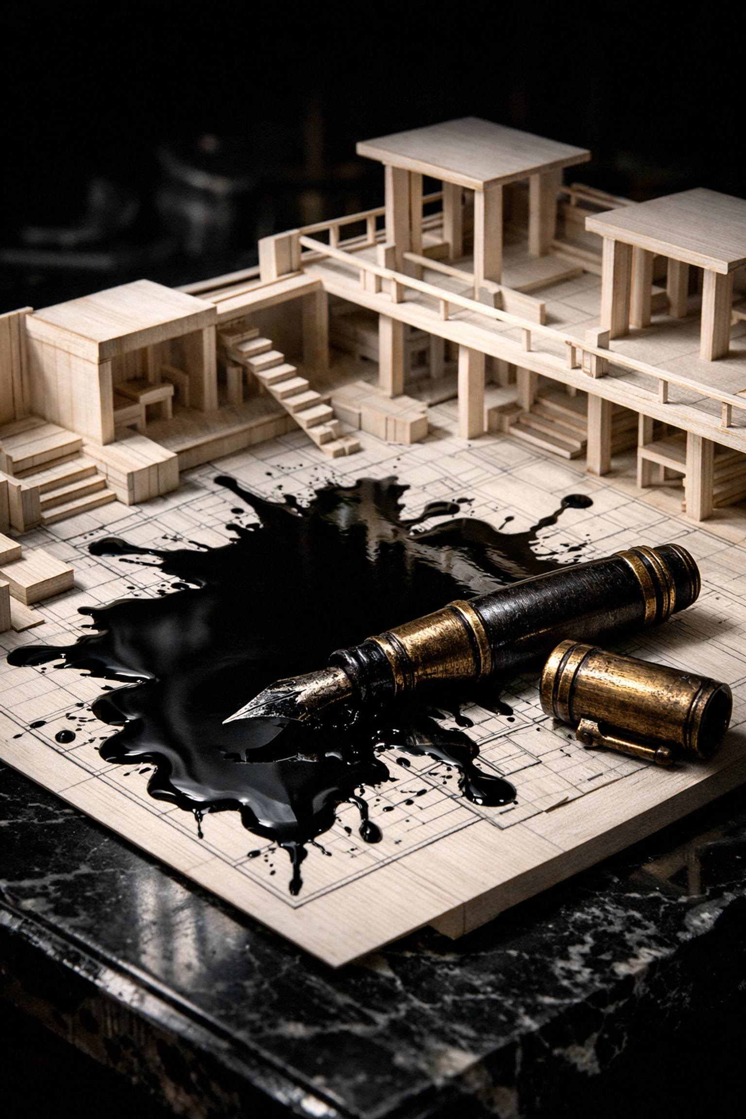 Ink spilling on a business blueprint representing the hidden costs of DIY formation errors