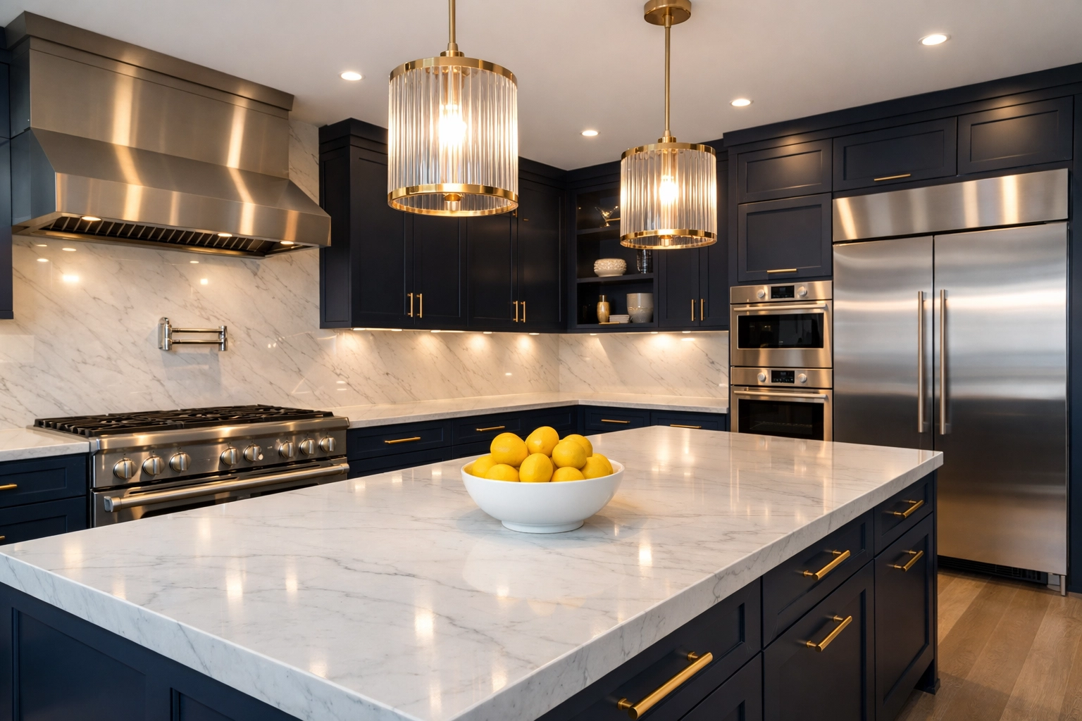 Spotless luxury kitchen with marble counters, a benefit of recurring bi-weekly house cleaning in Holliston.