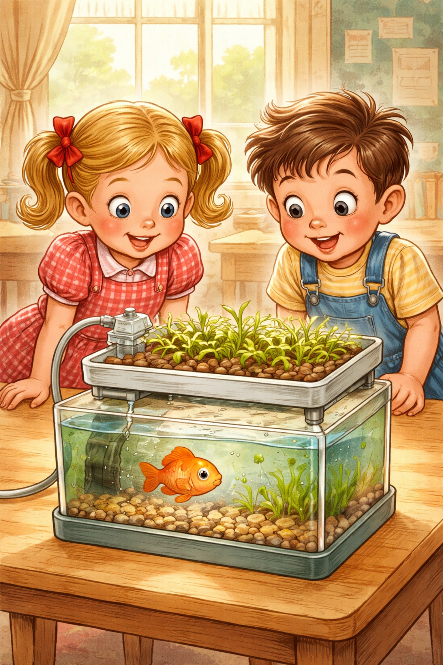 Children observing a tabletop aquaponics setup with fish and sprouting plants in a retro classroom