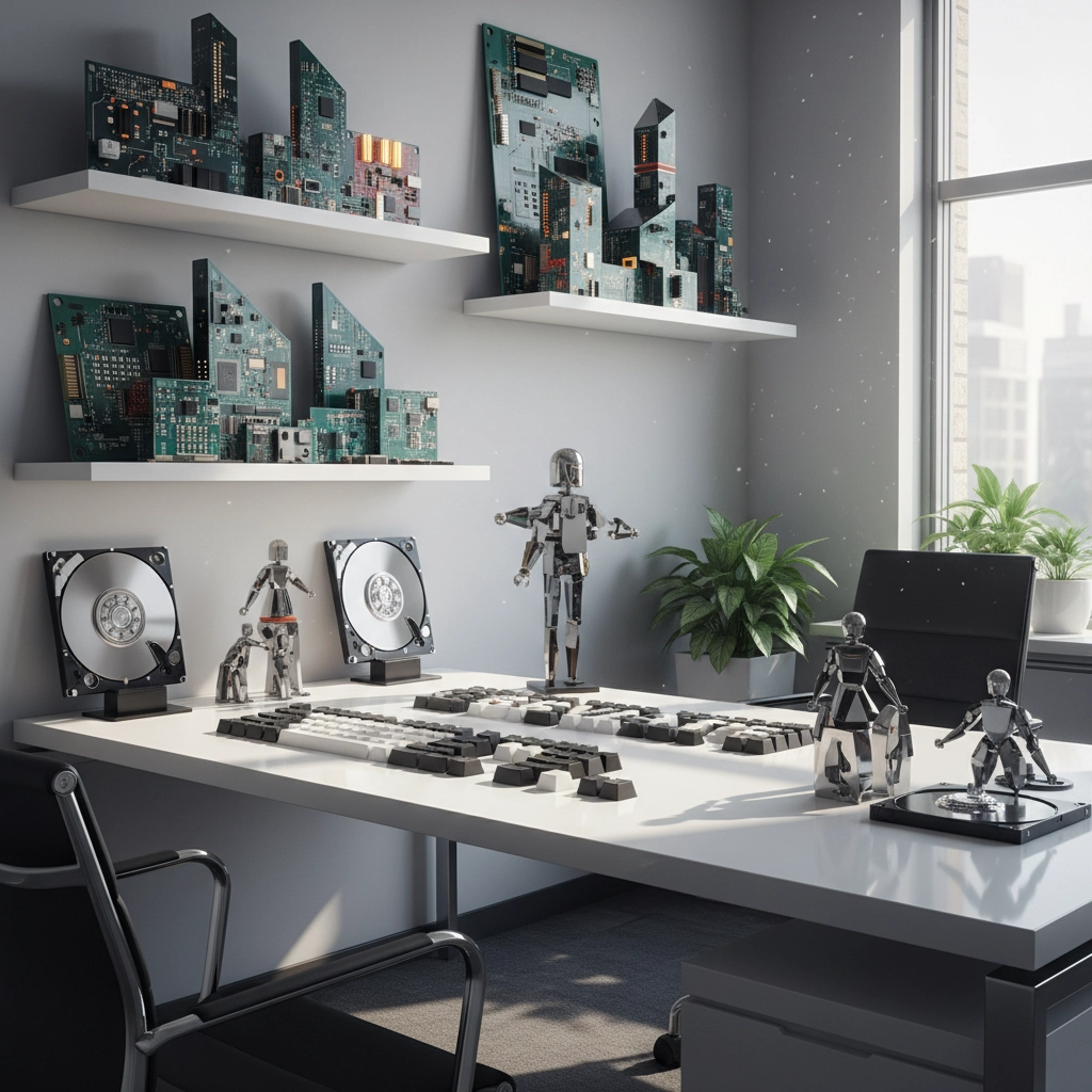 a desk with statues made from e-waste and shelves with printed circuit boards made into art