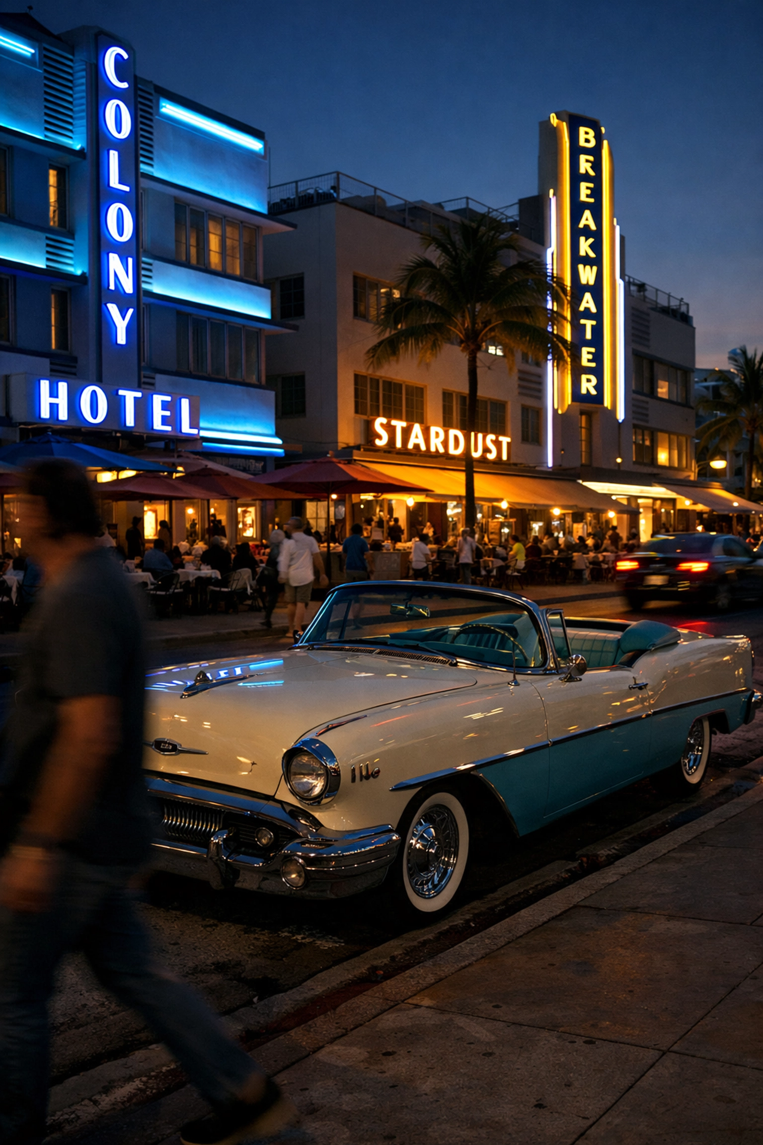 Iconic neon signs and vintage cars on Ocean Drive, a top choice for Miami photography locations at night.