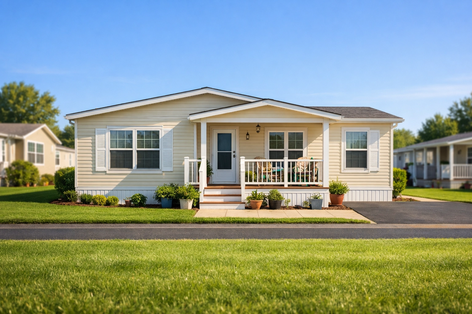 Modern double-wide mobile home in a sunny park, a common target for real estate investment flips.