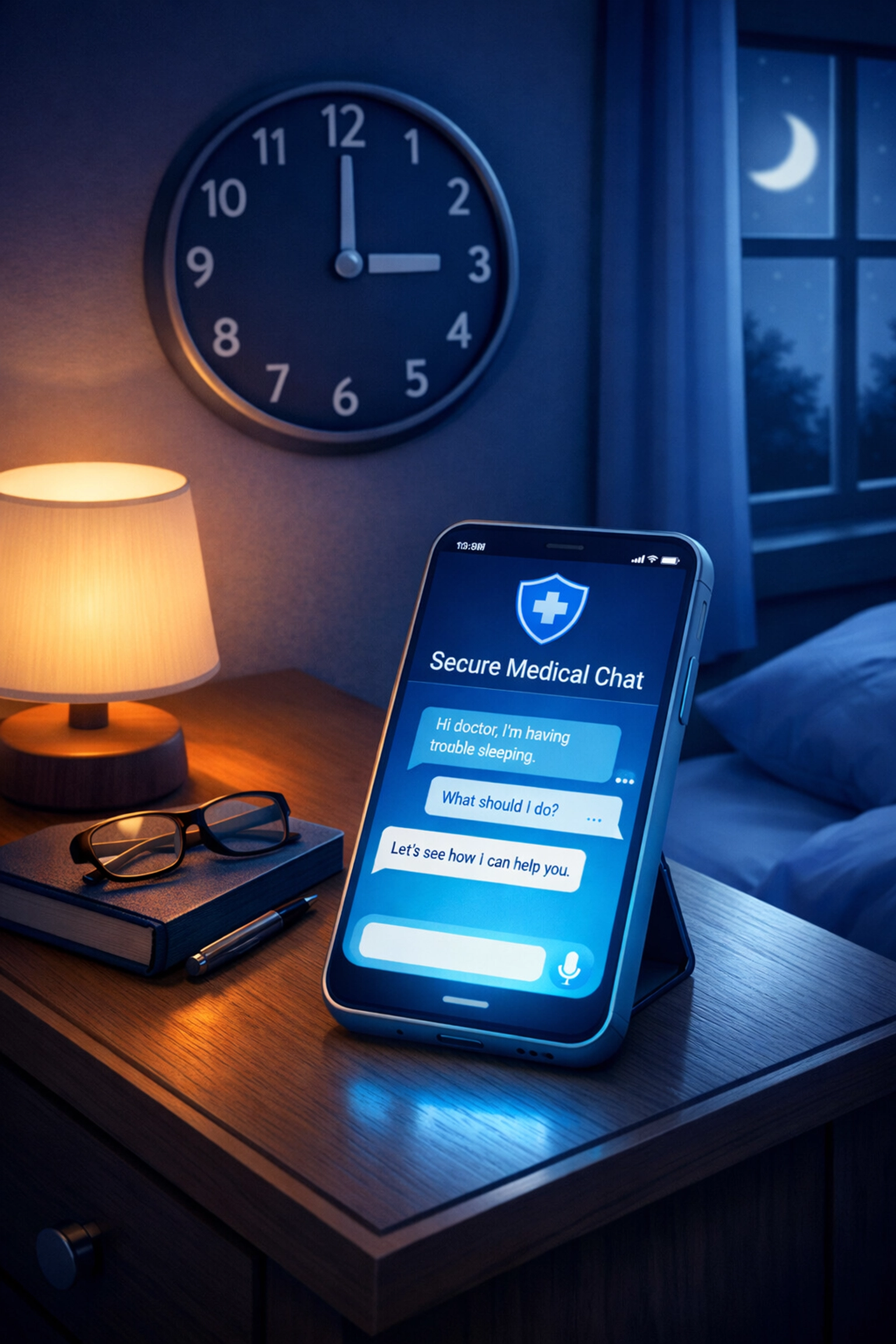 Smartphone displaying online urgent care chat at 3 AM for immediate medical consultation