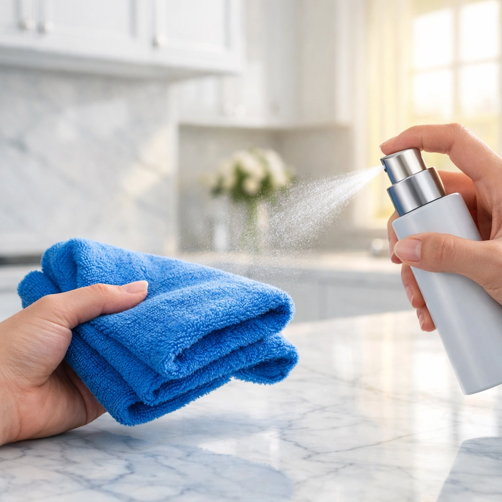 Professional hand spraying blue microfiber cloth for streak-free house cleaning Lowell MA in a modern kitchen.