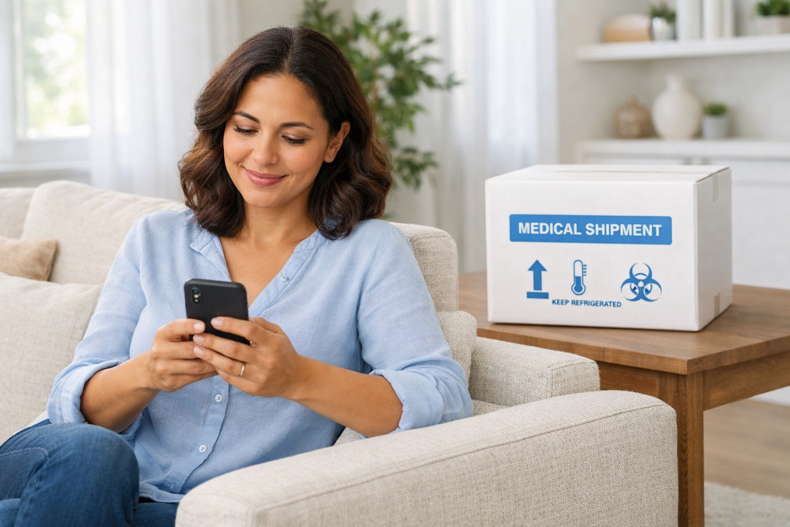 A woman in Louisiana using a smartphone for an online weight loss doctor consultation with home delivery.