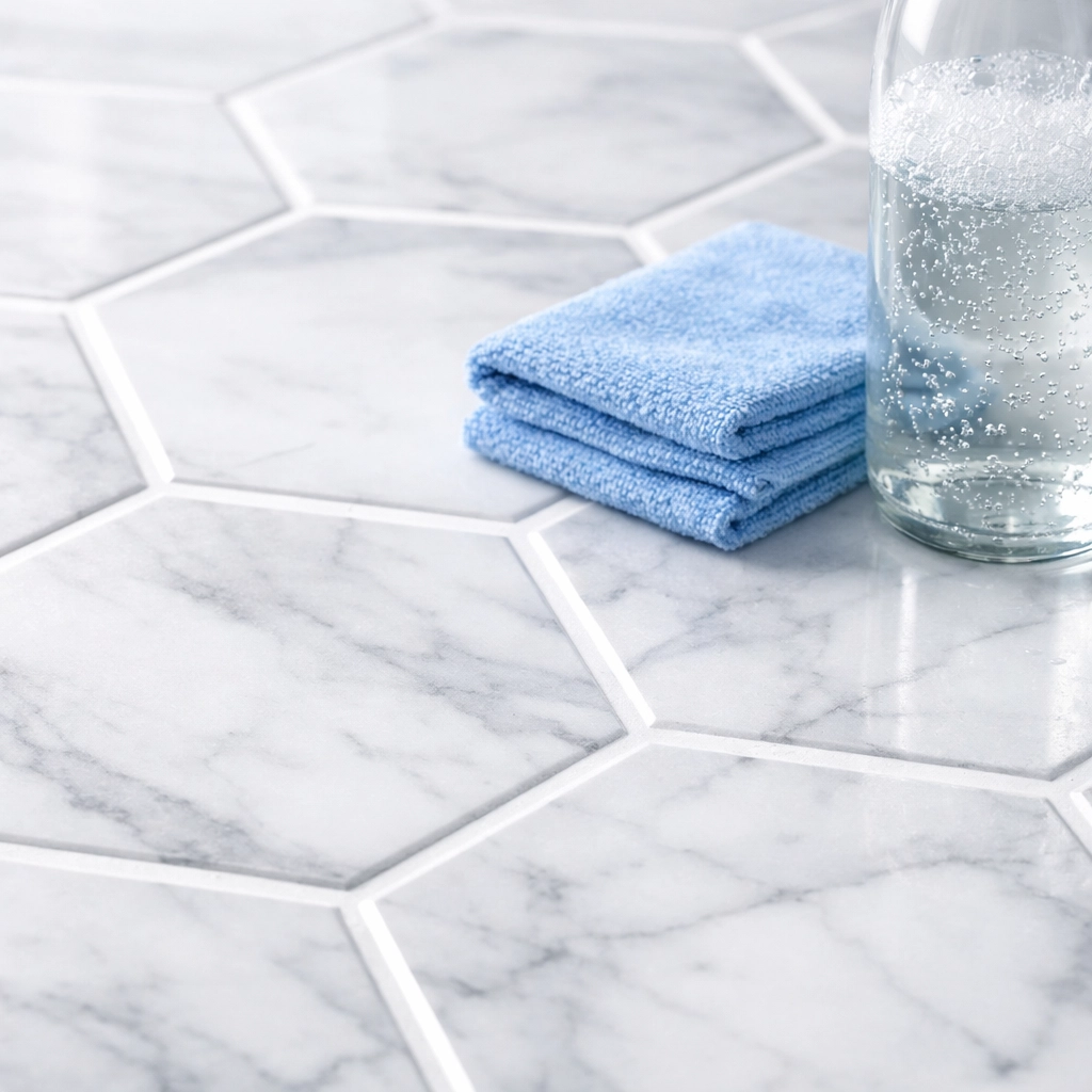 Close-up of clean white grout and luxury hex-tile flooring after a natural deep clean.