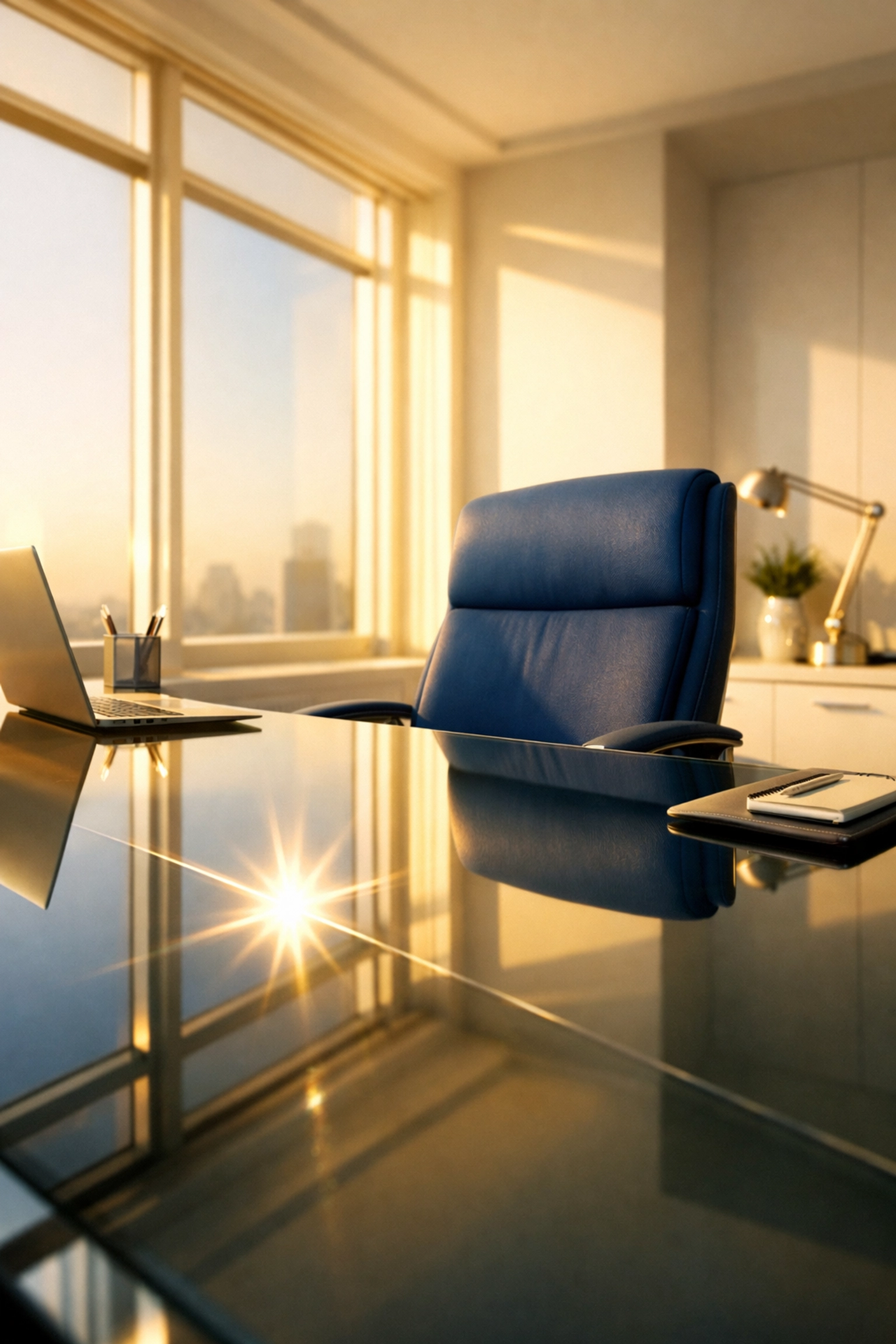 Sunlit executive corner office with a gleaming glass desk following a thorough deep cleaning and office cleaning.