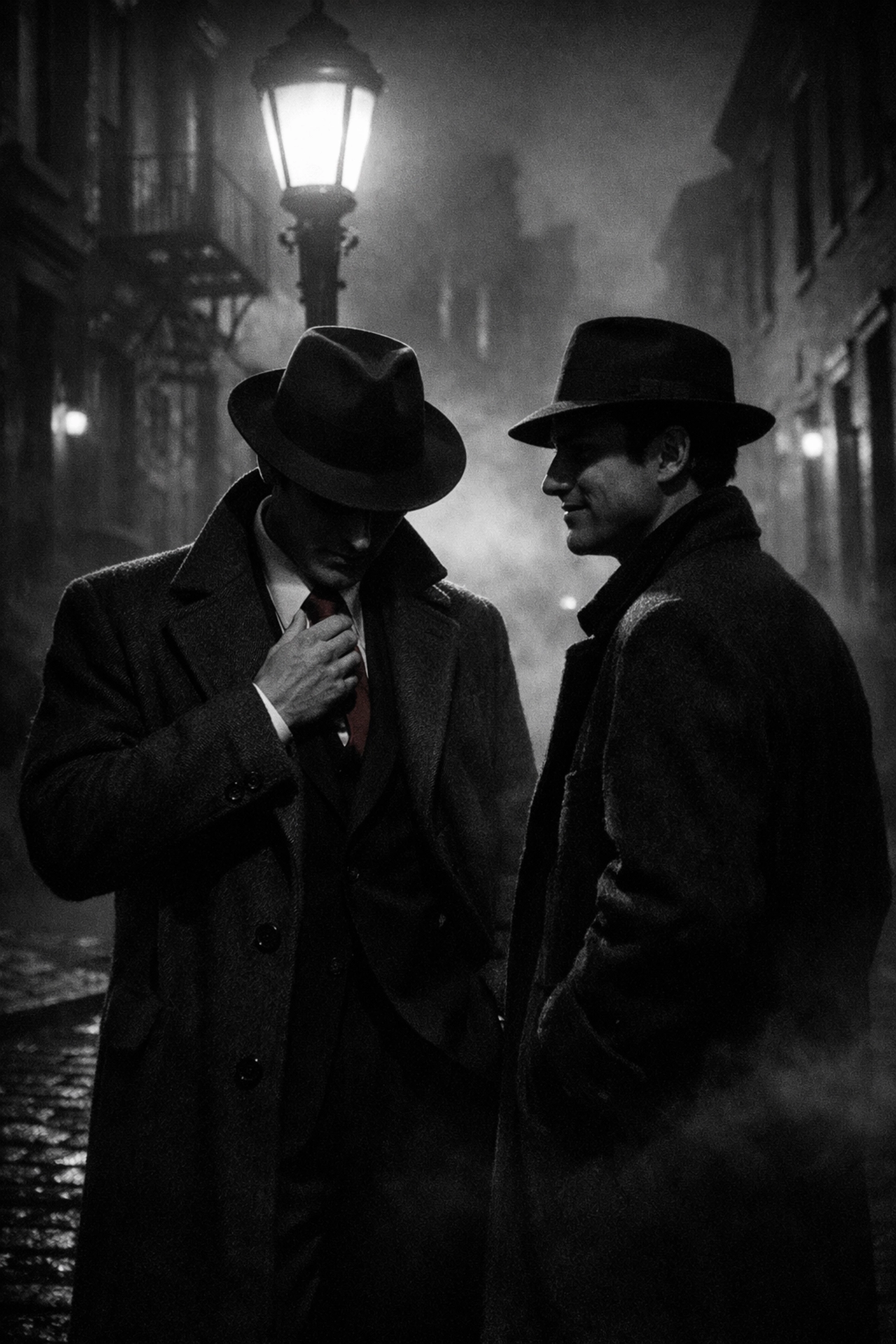 Two gay men using coded signals on Greenwich Village street in 1950s New York