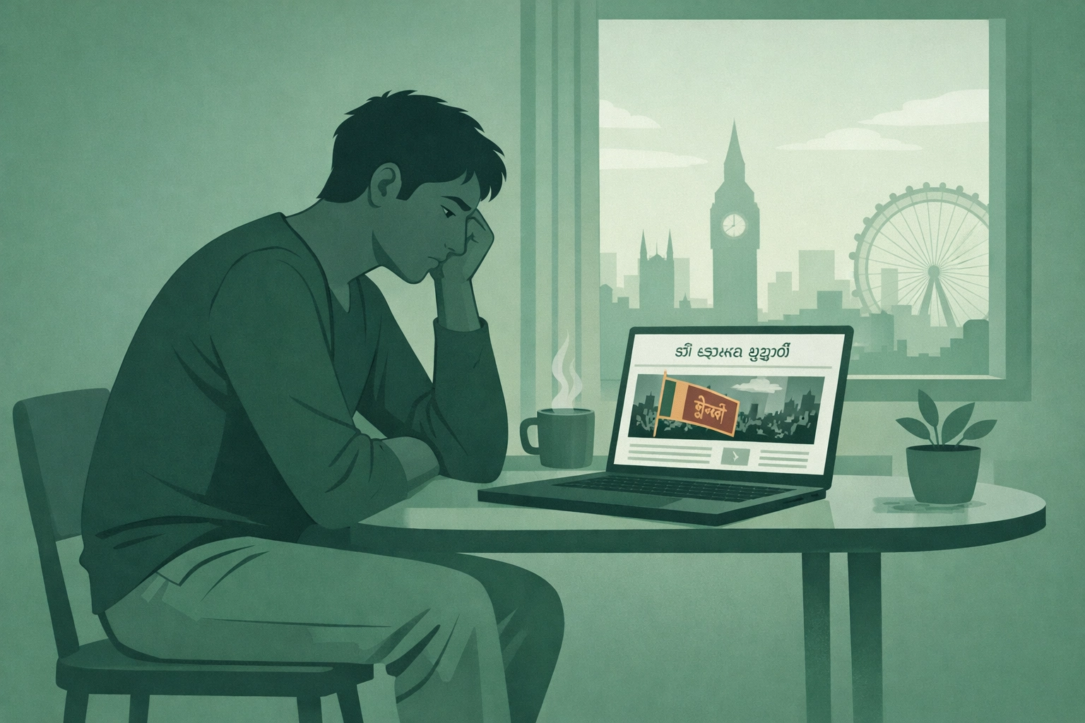 LGBTQ+ refugee checking Sri Lanka news in London flat - survivor's guilt after escaping persecution