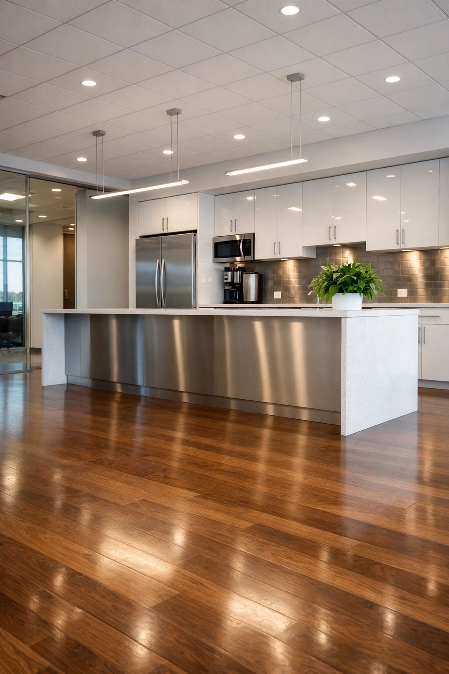 Move-in ready office suite in Indianapolis with deep-cleaned hardwood floors and minimalist kitchen.