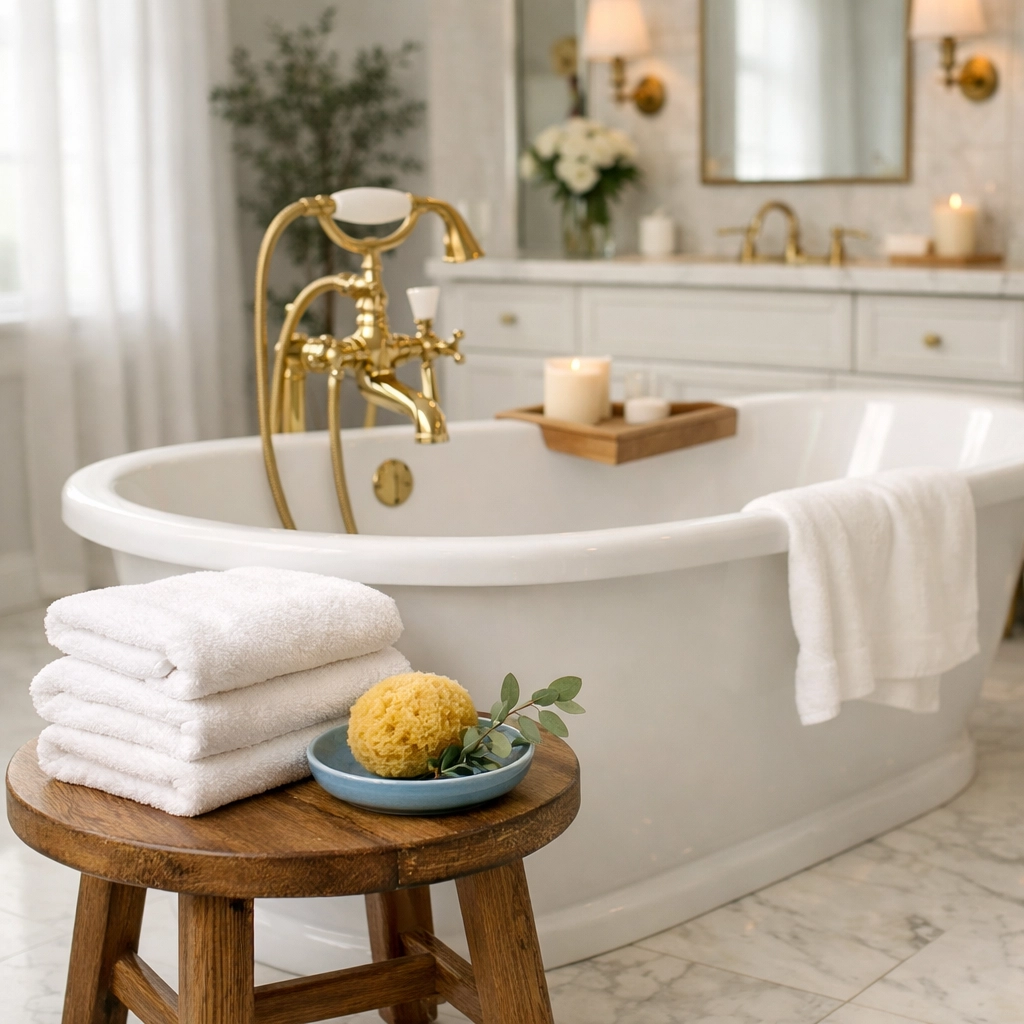 Sanitized luxury master bathroom with marble floors from residential cleaning Massachusetts experts.