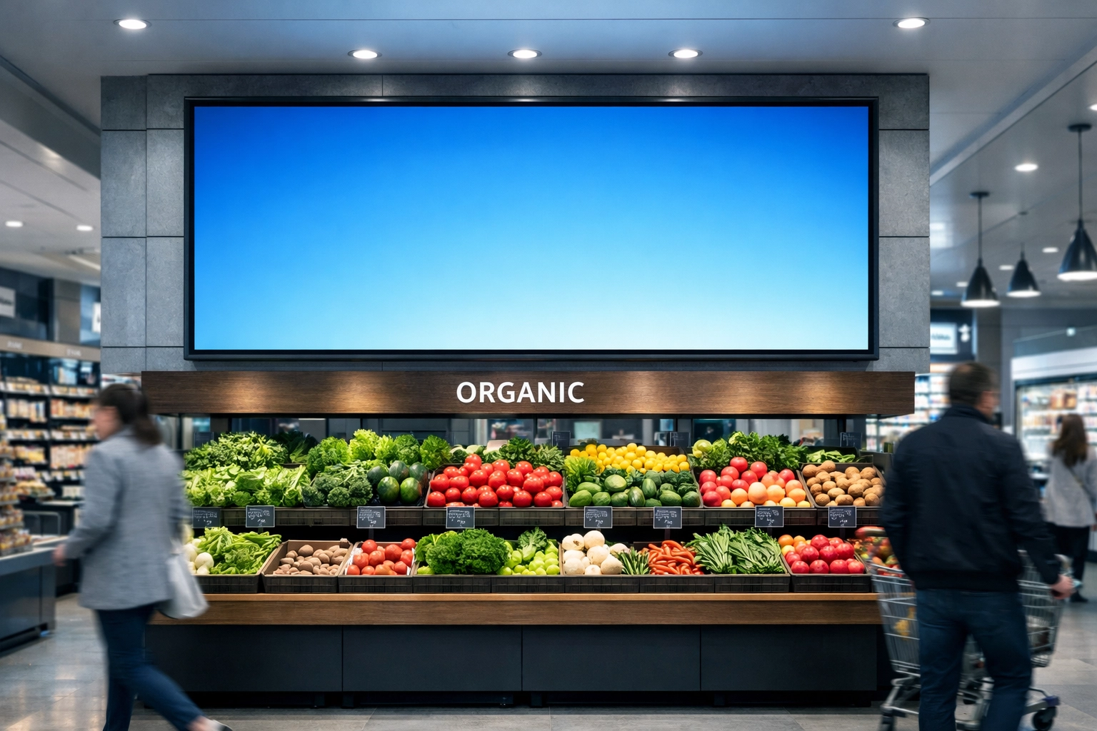 Hyper-targeted DOOH screen displaying real-time content in a modern grocery store produce section.