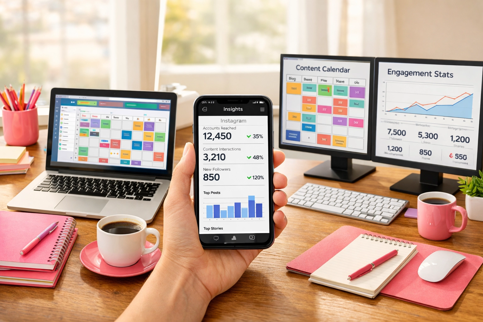 DIY social media management workspace with laptop, phone analytics, and scheduling tools