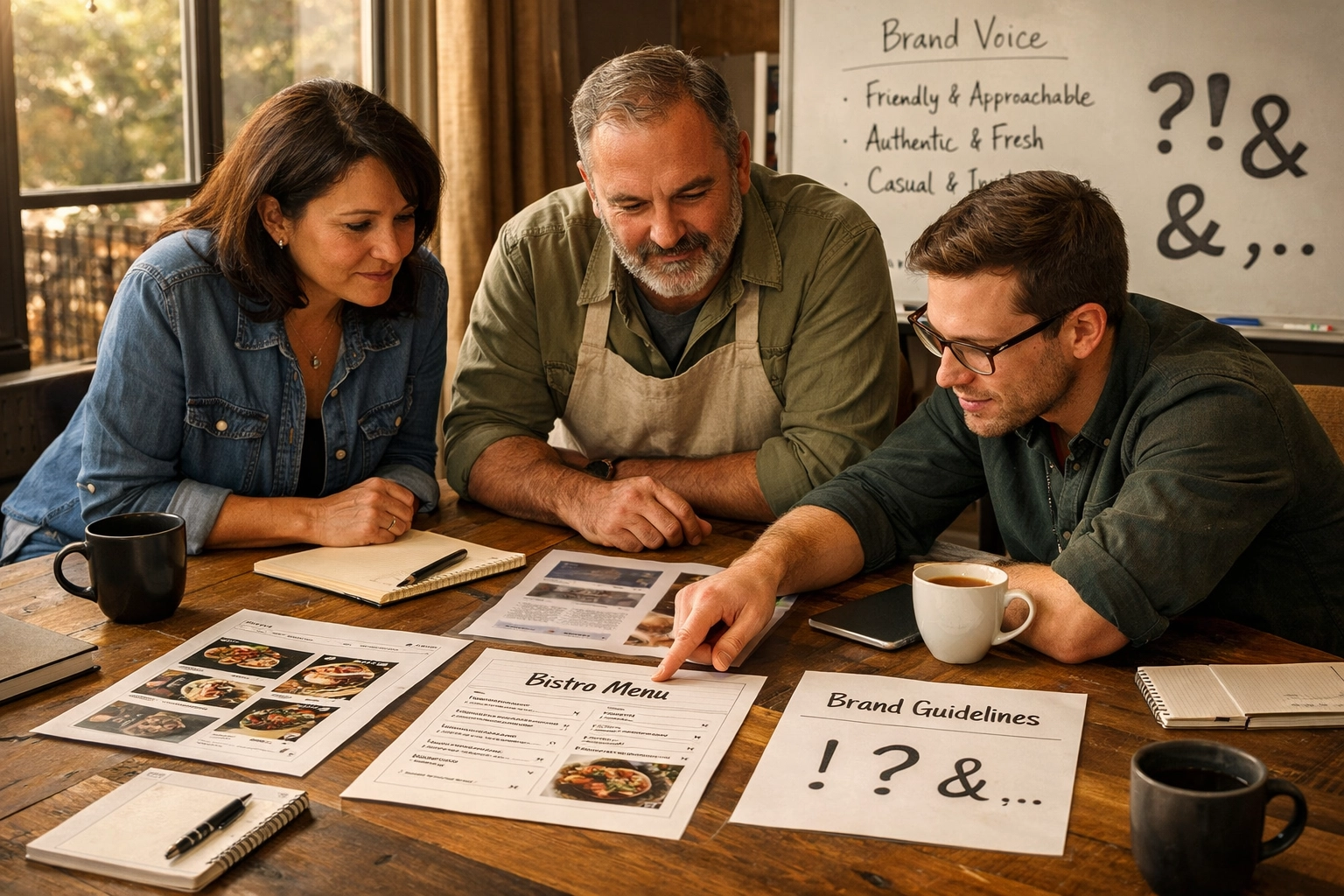 Restaurant branding workshop with consultants reviewing menu design and brand voice strategy