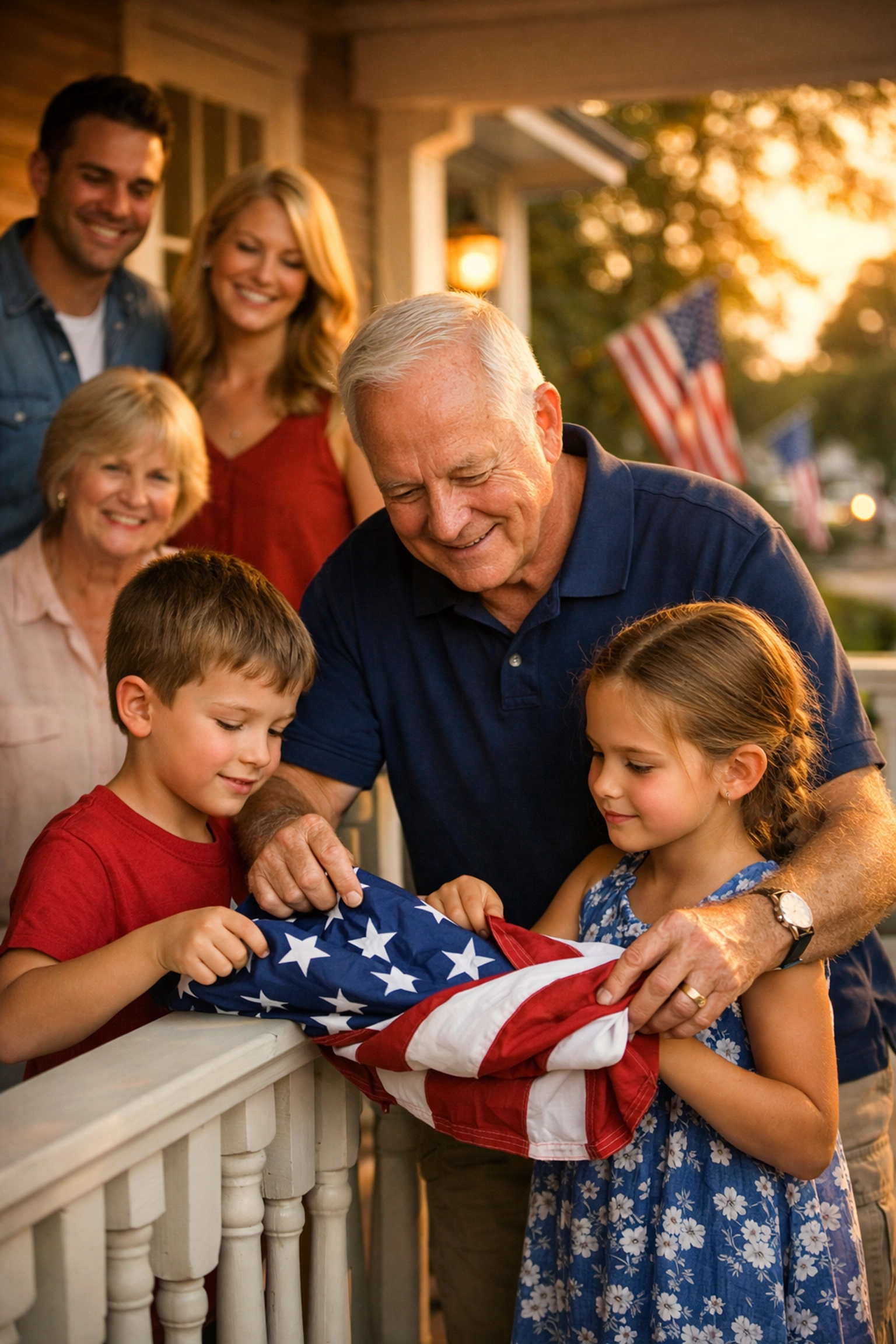 A grandfather teaching children about the American flag to share civic education and national heritage.