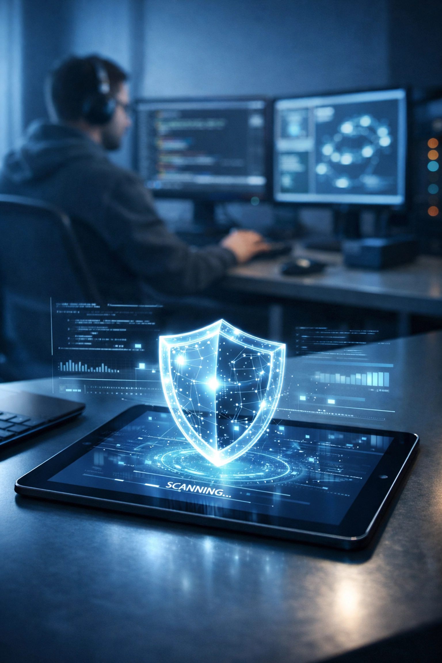 Digital shield on tablet showing proactive network security auditing and advanced cybersecurity protection.