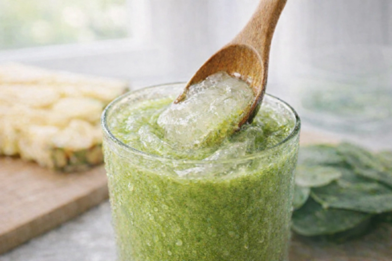 Stirring sea moss gel into a fresh green tropical smoothie as part of a healthy daily routine.