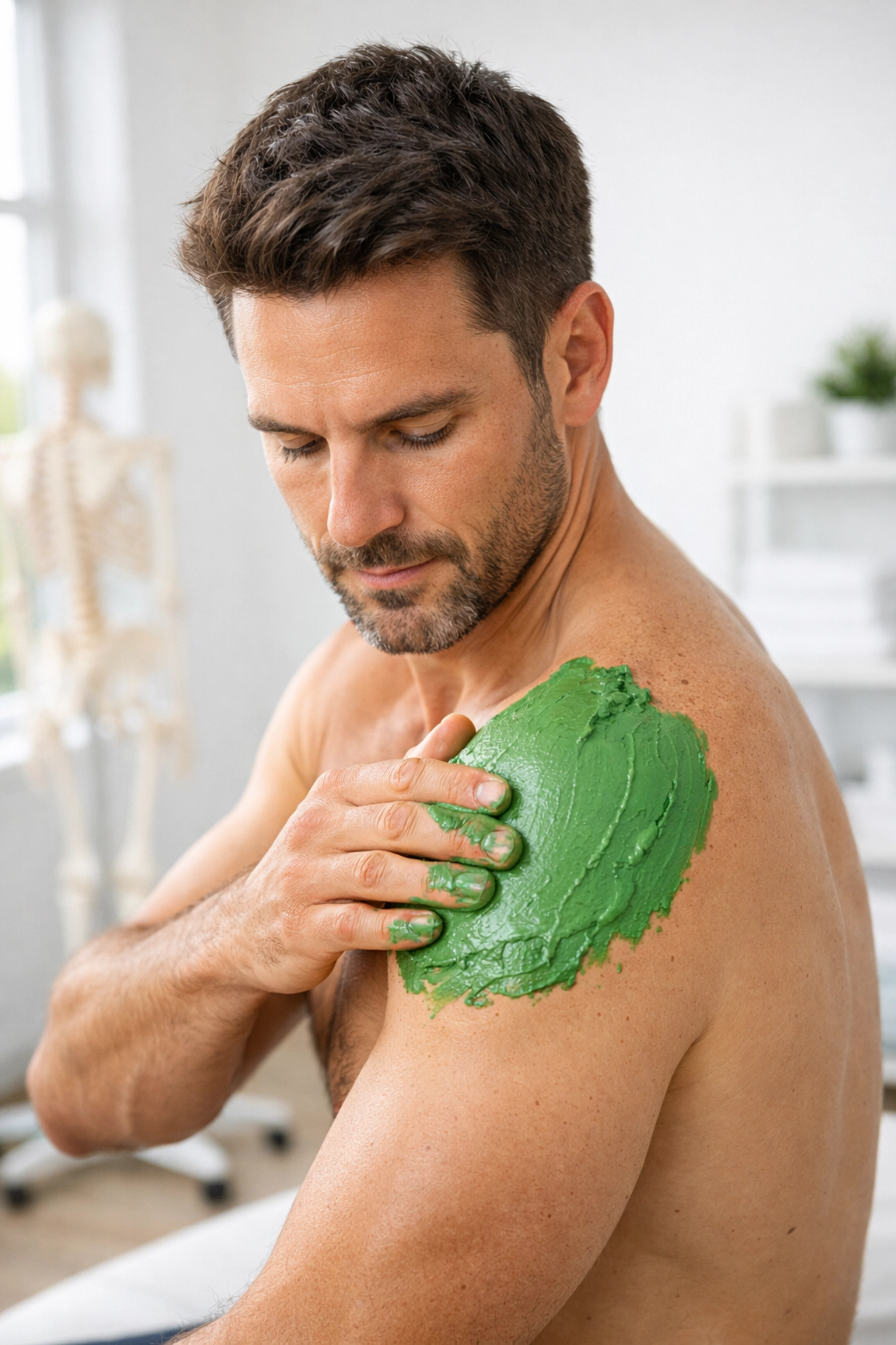 Athlete applying natural healing clay alternative to Biofreeze on shoulder muscle for pain relief