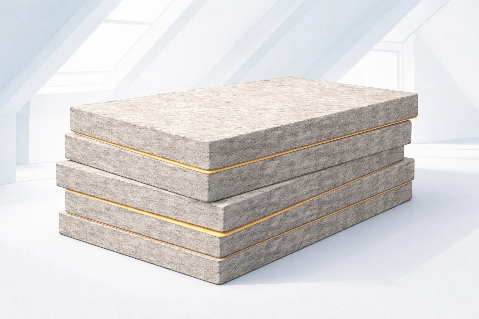 Stacked rockwool insulation batts for lofts, showing durable mineral wool texture and modern installation.