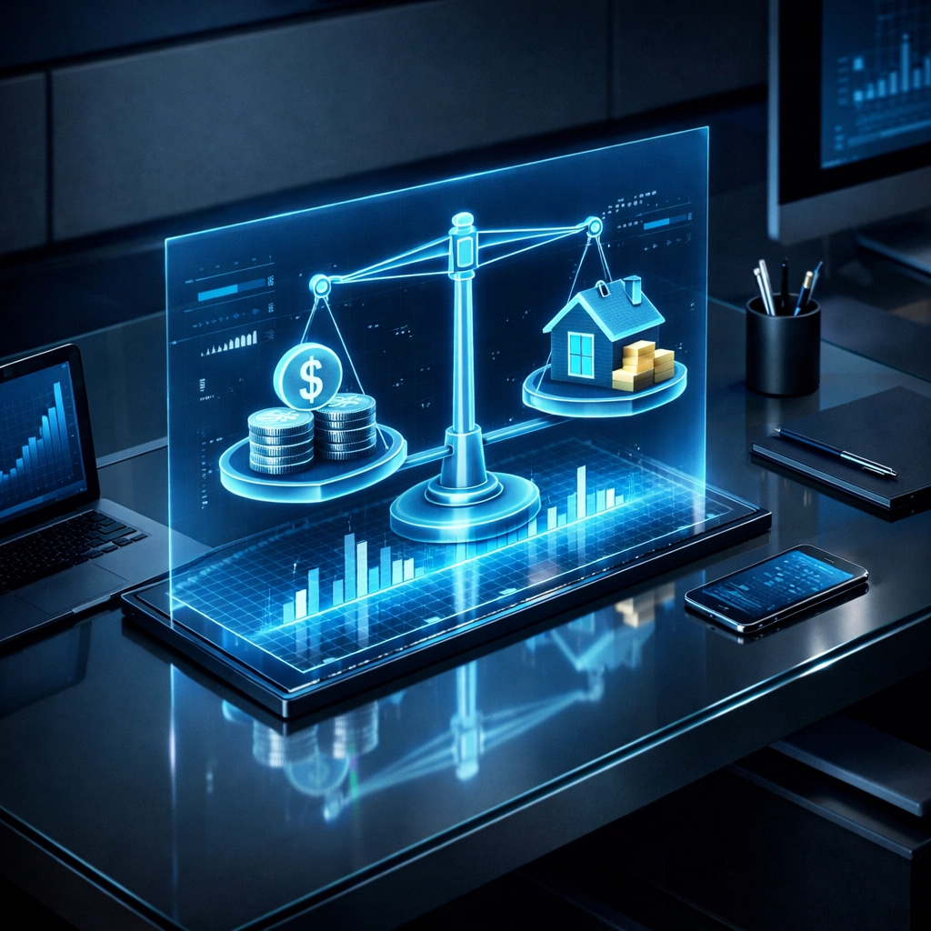 A financial scale representing the debt-to-income ratio needed to determine how much house I can afford.