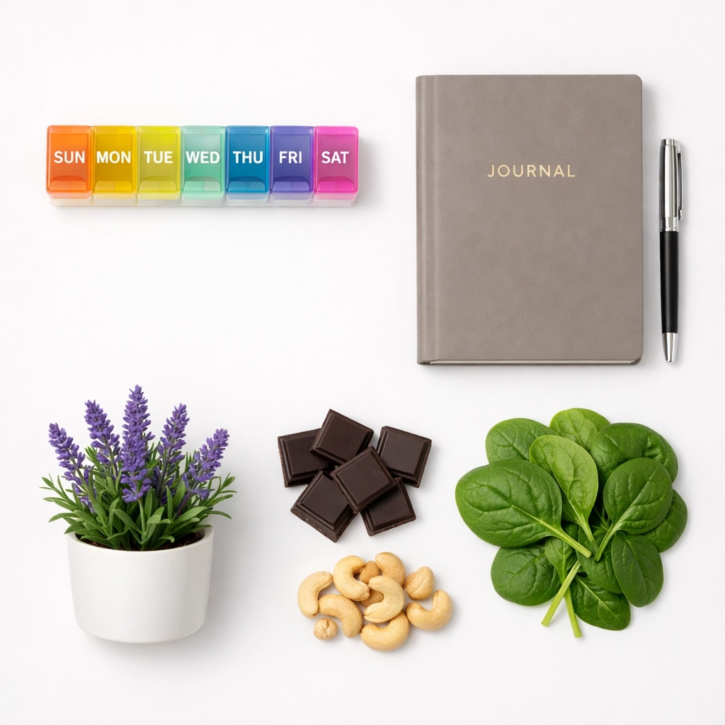 Weekly supplement organizer with magnesium-rich foods including dark chocolate and spinach