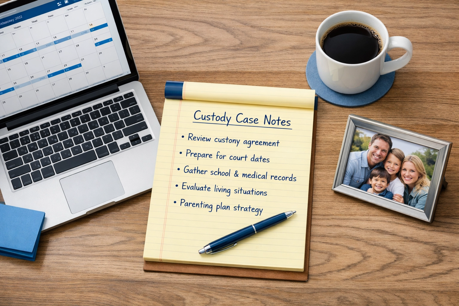 Strategic custody case planning with legal documents and family photo