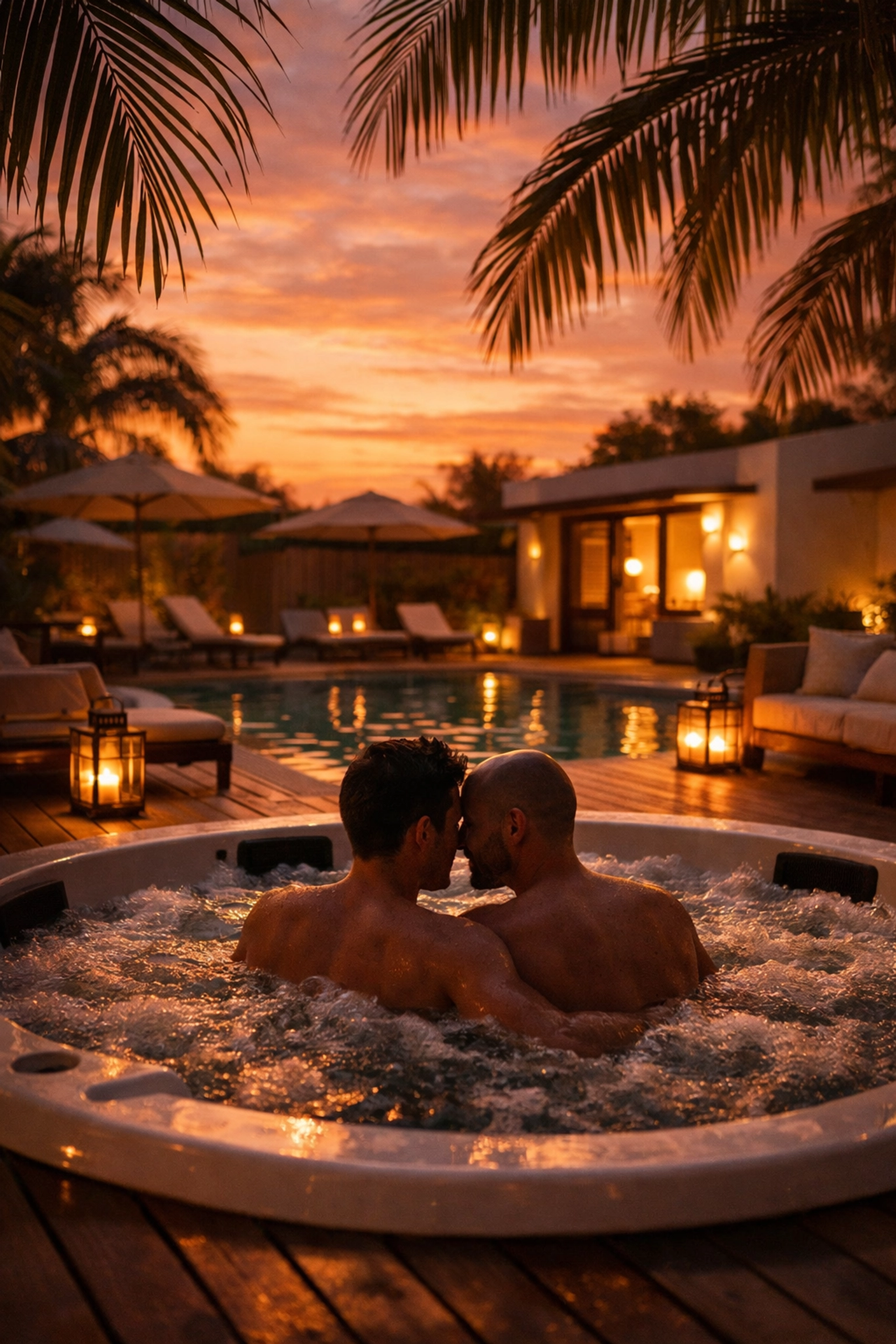 Intimate boutique gay guesthouse jacuzzi at sunset in Fort Lauderdale