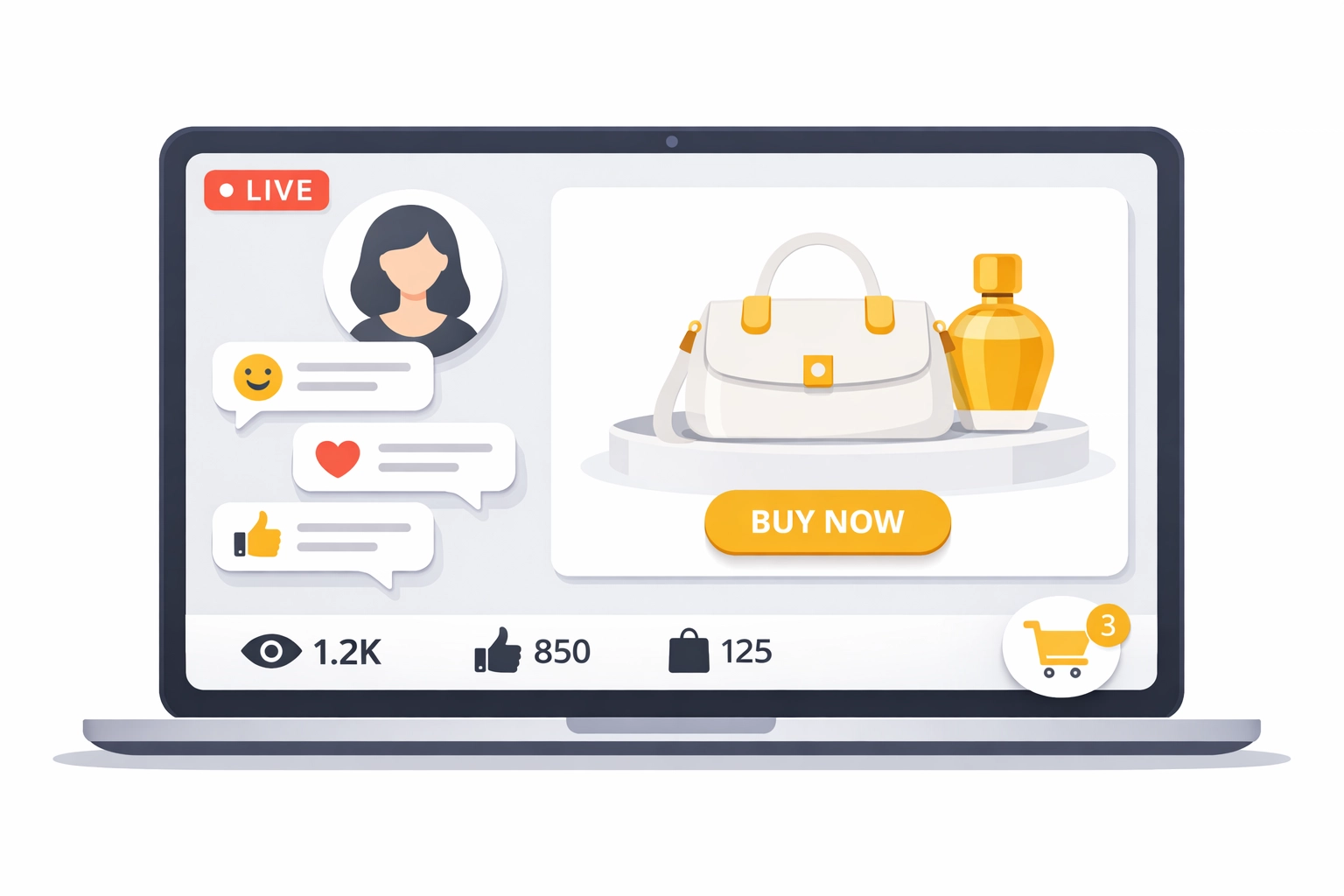 Interactive live shopping dashboard showing product display, chat engagement, and conversion metrics