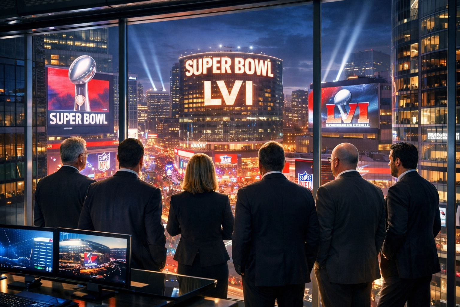 Business leaders overlooking a city during a high-impact Super Bowl sports marketing campaign.