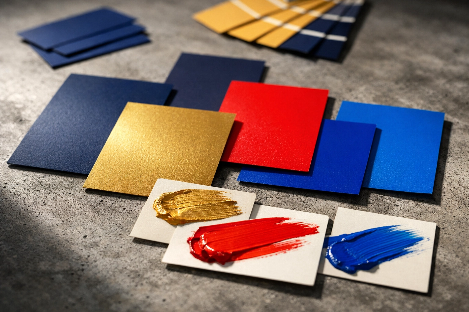 Brand color palette swatches in navy blue, gold, red, and blue for visual identity