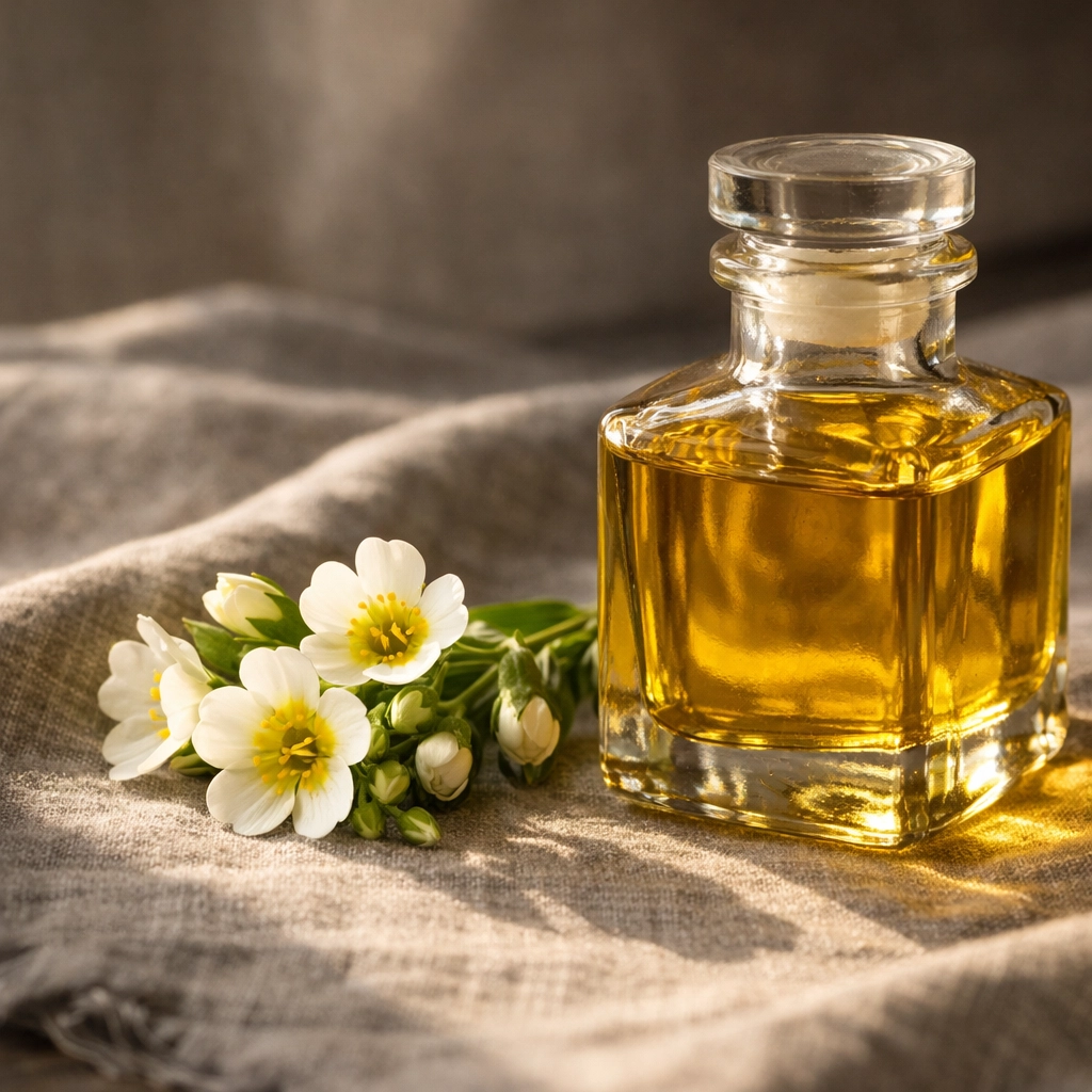 Natural meadowfoam seed oil and white flowers representing pure beard oil ingredients.