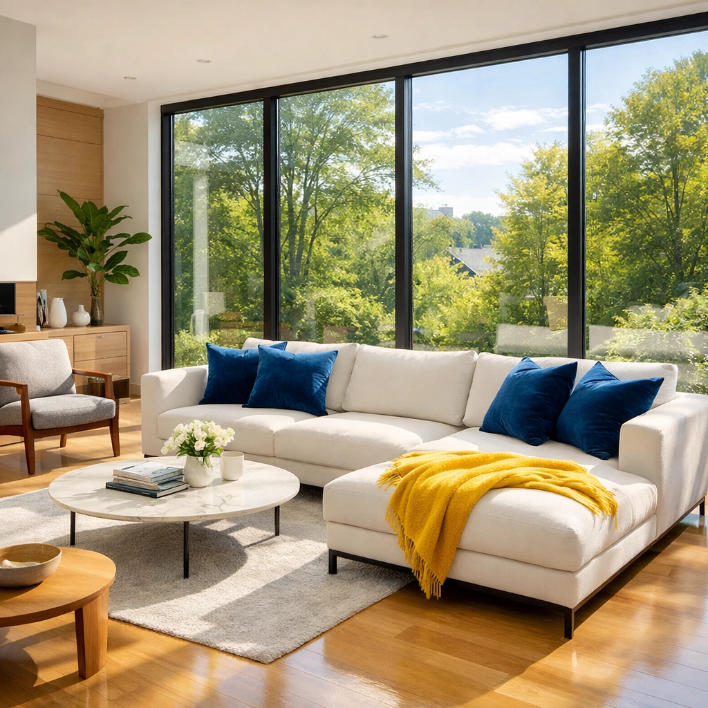 Spotless modern living room in North Cambridge illustrating safe, eco-friendly house cleaning results.