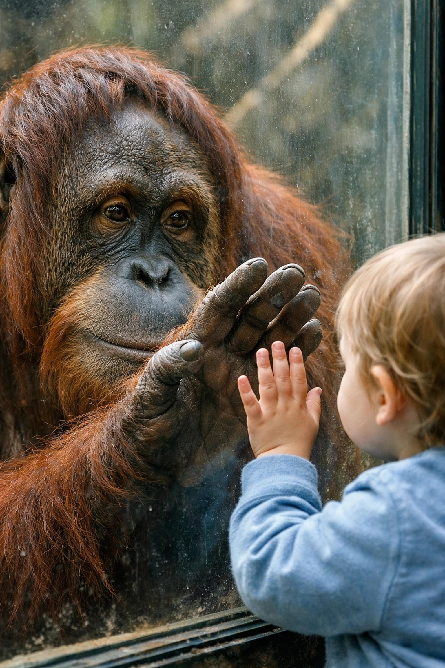 Child and orangutan connecting through glass at zoo exhibit creating engagement moment