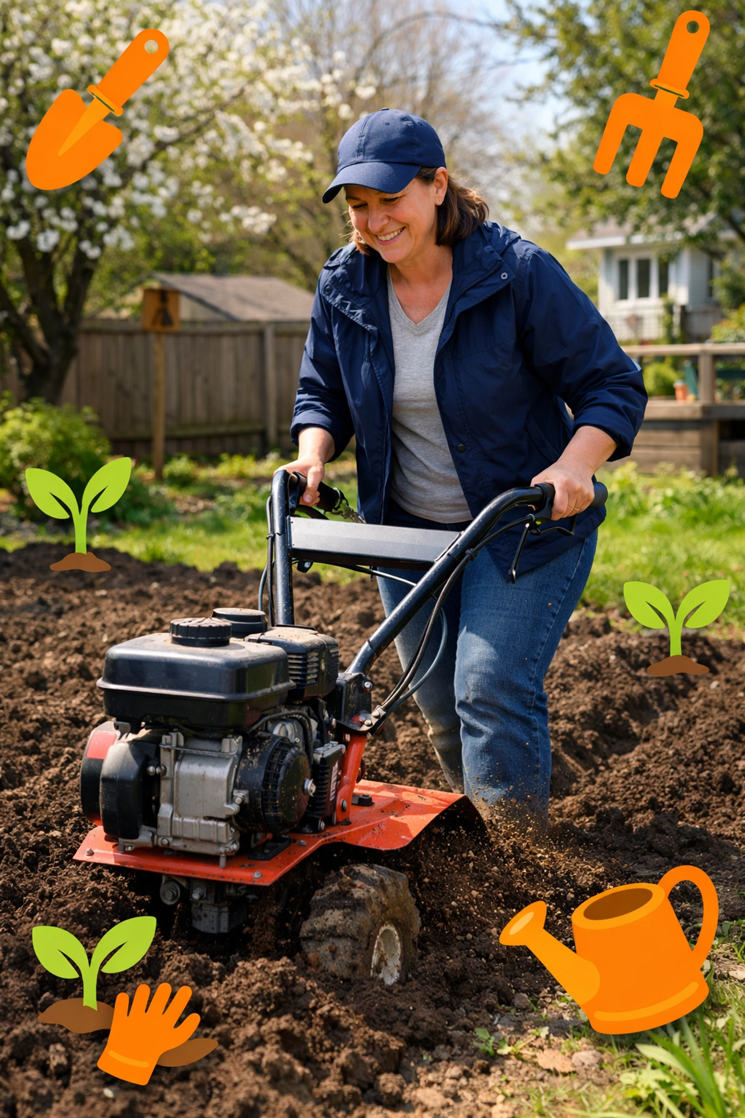 Gardener in Burlington using a rented power tiller to prep soil for a spring garden.