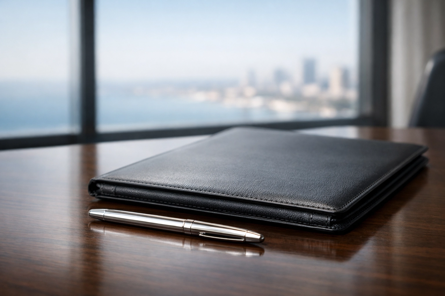 Professional office desk with portfolio representing a confidential business sale in Biloxi.