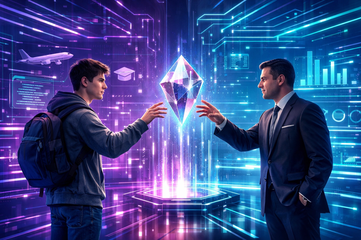 Student and professional collaborating on career milestones within a futuristic workforce development simulation lab.