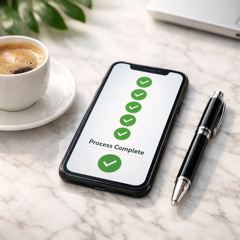 Successful client onboarding automation progress displayed on a smartphone in a professional workspace.