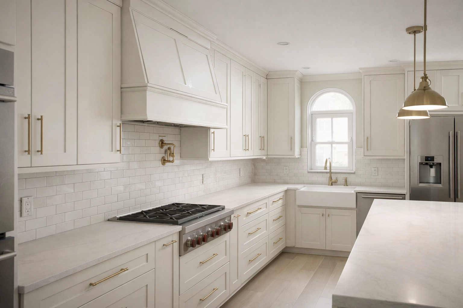 Neutral modern kitchen scene with subtle humidity damage cues: slight door misalignment and tiny seam separation at cabinet-to-trim, soft natural lighting