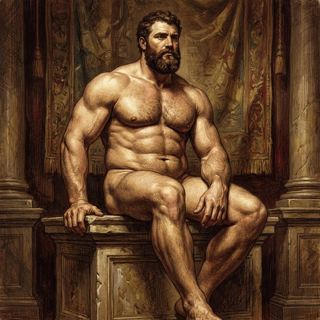 Classical painting of a heavy-set muscular man, capturing the bull aesthetic in queer male art.