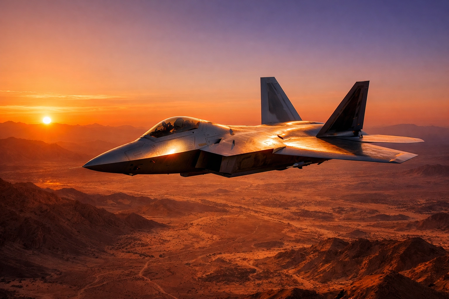 An F-22 Raptor jet flying over a desert at sunset, illustrating military presence in the Middle East.