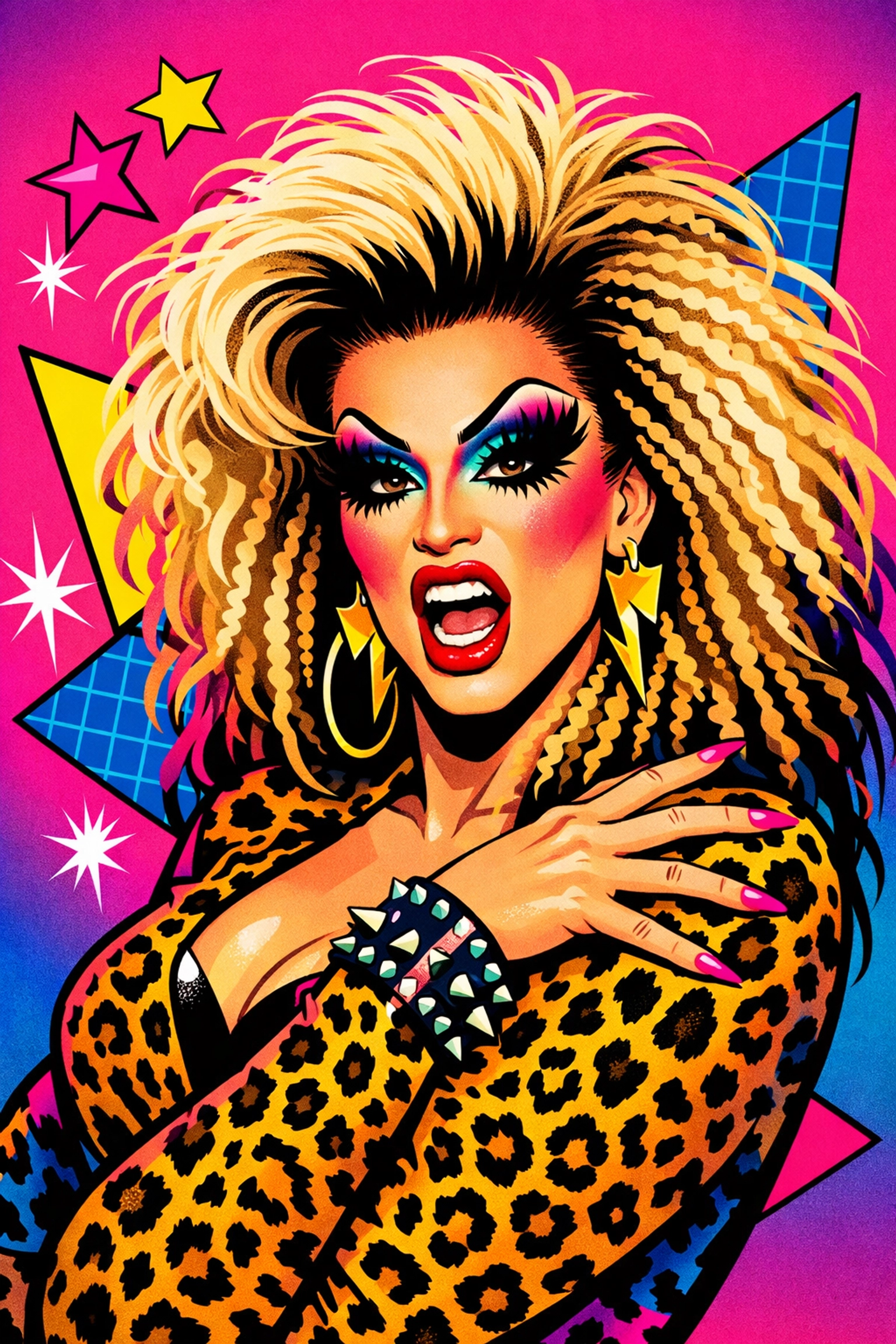 Drag queen in glamorous 80s camp aesthetic showcasing bold queer performance art