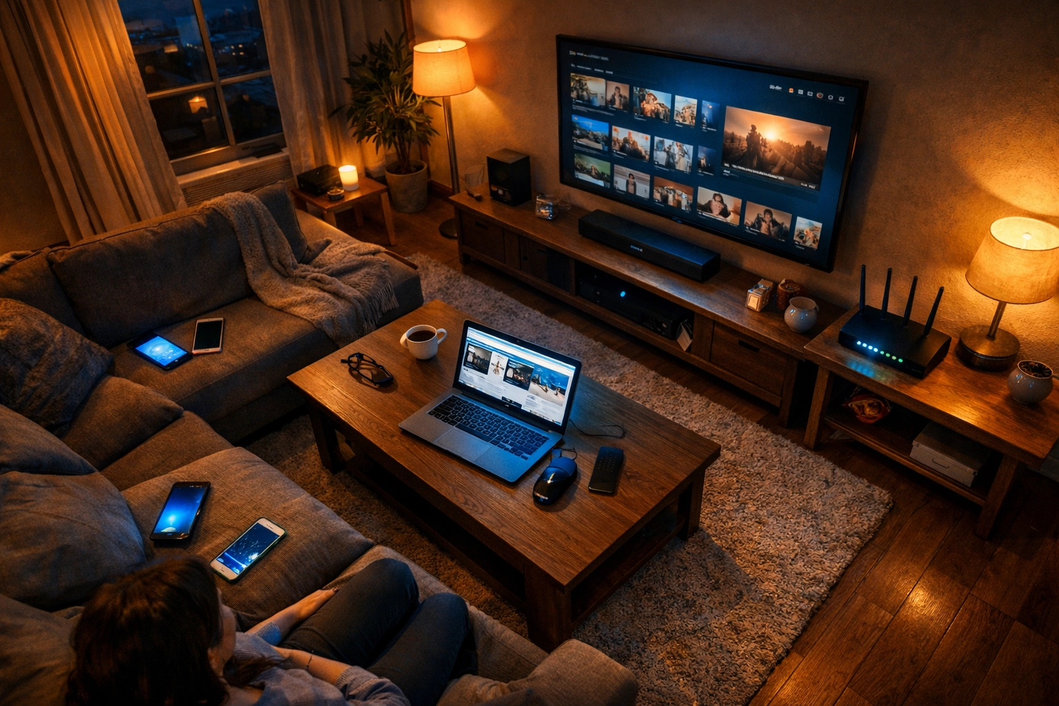 Family living room with connected devices including laptop, smartphones, TV, and WiFi router