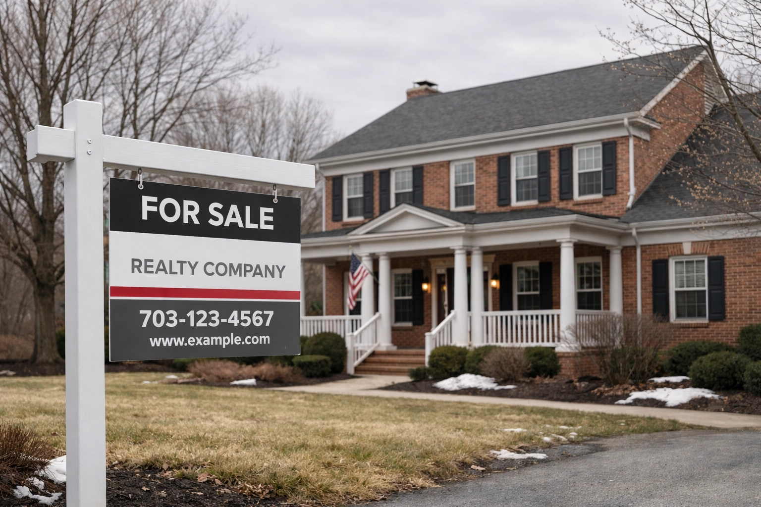 For Sale sign in front of Northern Virginia colonial home during late winter showing current market conditions