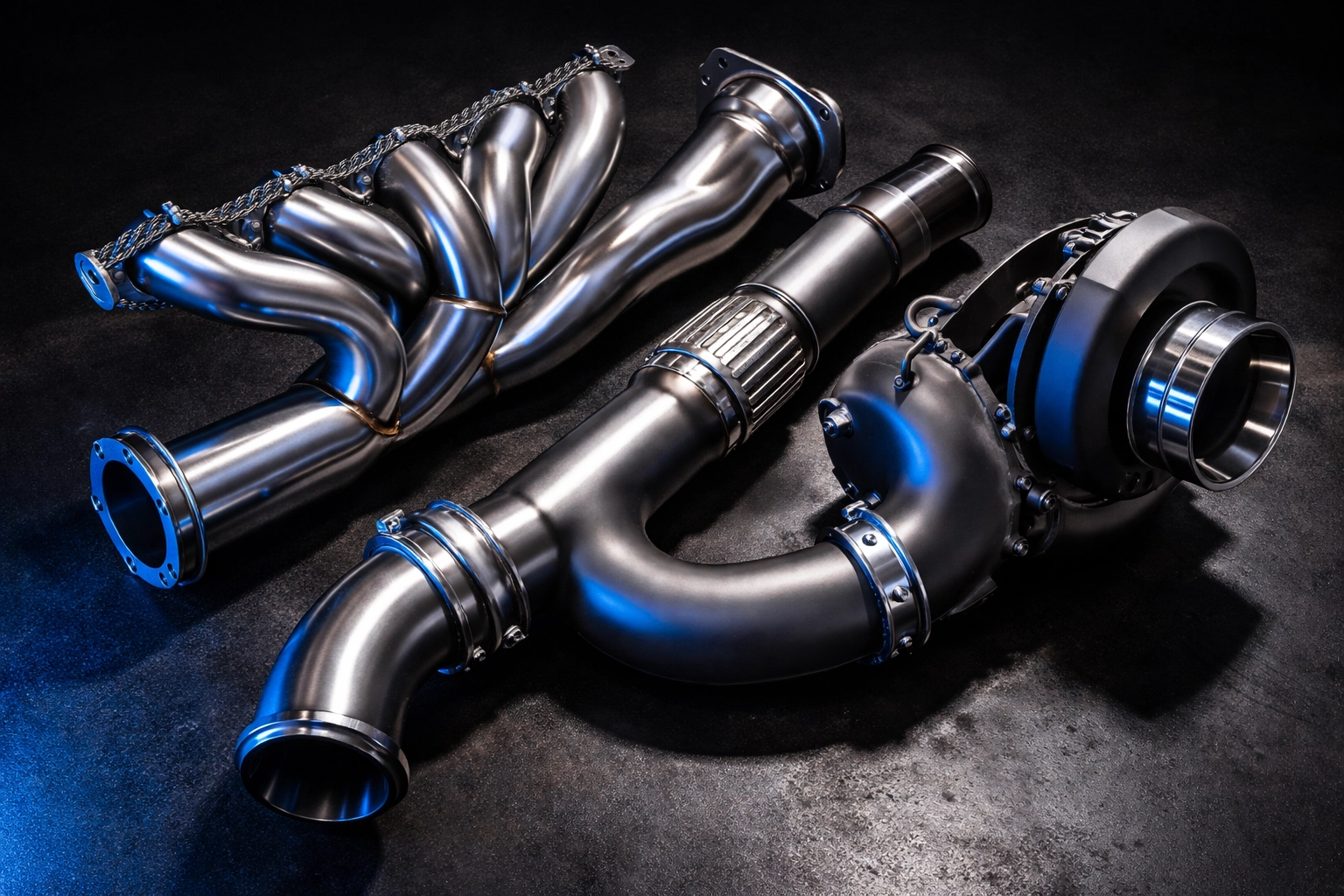 Ceramic-coated turbo exhaust components arranged on a black surface, emphasizing heat protection and sleek modern appearance